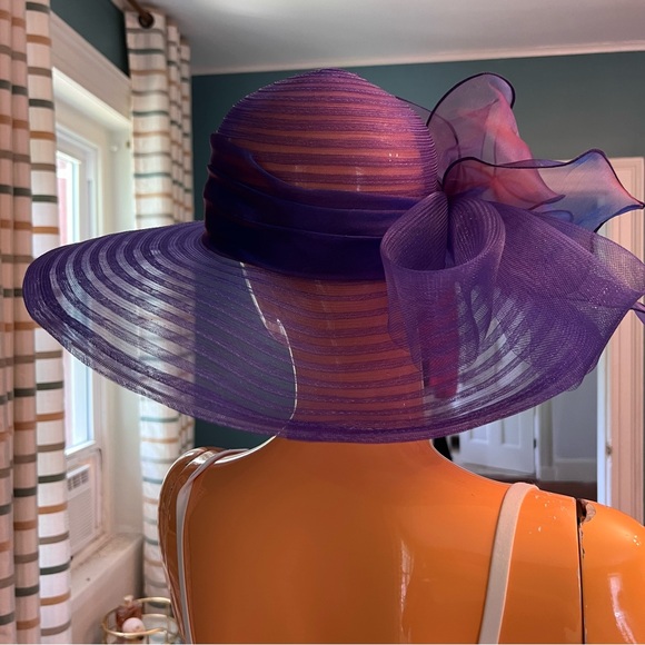 Purple Wide Brim Straw Hat with Tulle Ribbon main image 4